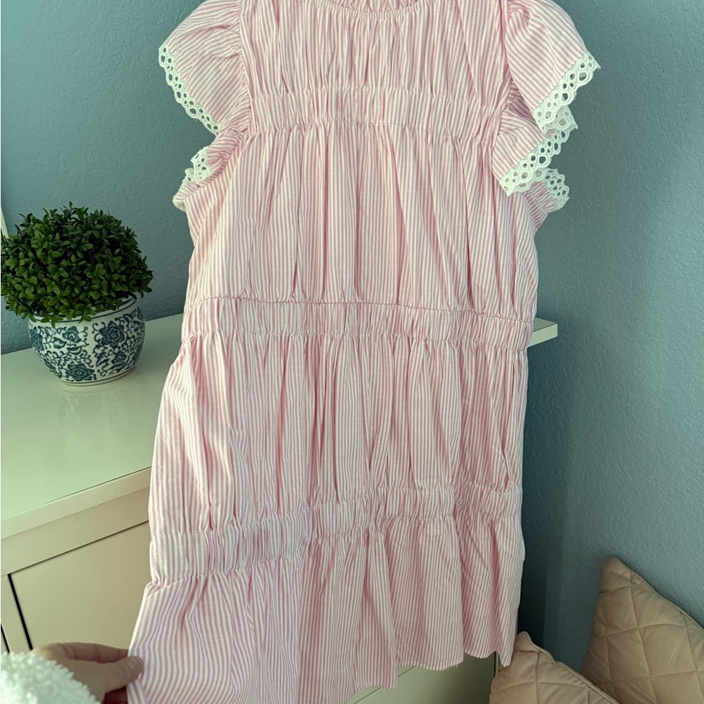 AUREUM Pink White Striped Eyelet Sleeve Tiered Dress - Picture 4 of 12